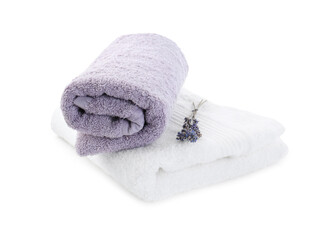 Terry towels and dry lavender isolated on white