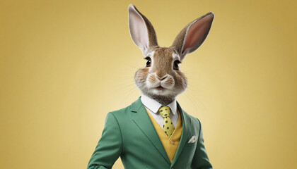 Stylish rabbit in a business elegant green suit on a yellow background