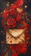A red distressed background with paper and flowers for Valentine's Day, love note, or anniversary.