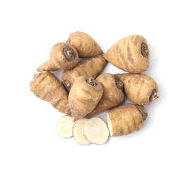 Whole and cut turnip rooted chervil tubers isolated on white, top view