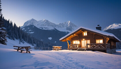 Cozy Mountain Hut in a Snowy Landscape