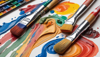 Vibrant art supplies and paintings for creative projects in art school.