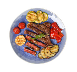Delicious grilled beef steak with vegetables and spices isolated on white, top view