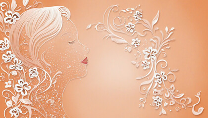 Woman silhouette from flowers on peach fuzz background