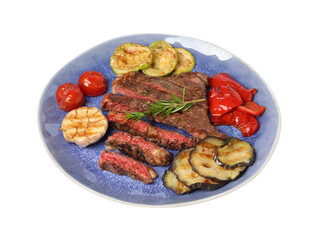 Delicious grilled beef steak with vegetables and spices isolated on white