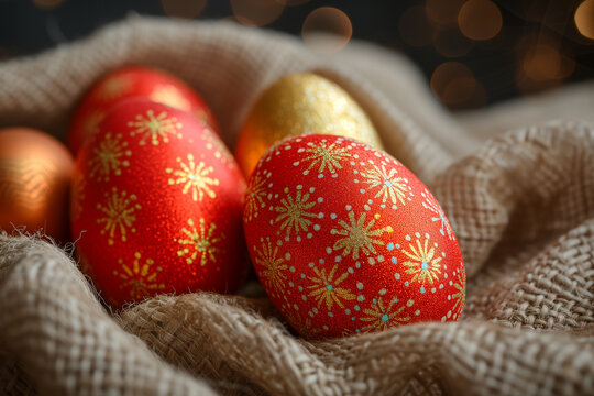 Red and golden glittering Easter eggs on sackcloth.