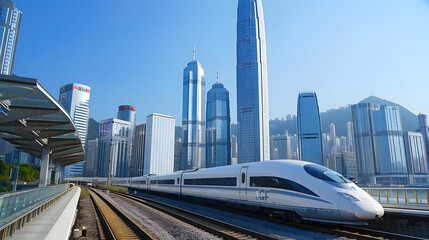 A photo of a high-speed train passing through a city, with skyscrapers and other buildings in the background.