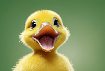 Enthusiastic baby duck with wide open mouth against vibrant green backdrop