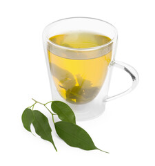Fresh green tea in glass mug and leaves isolated on white