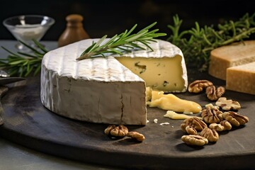 Cheese topped with walnuts, thyme, and rosemary on a weathered stone. Generative AI