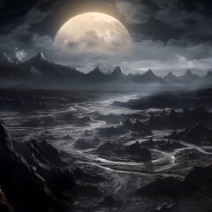 Majestic Moonrise Over a Mysterious Alien Landscape with Mountains