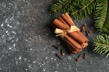 Different spices. Aromatic cinnamon sticks, clove seeds and fir branches on dark gray textured...