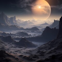 Majestic Alien Planet Landscape with Dramatic Sky and Mountains