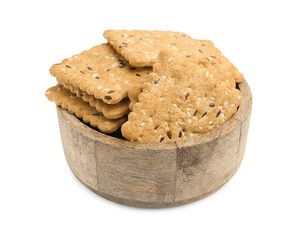 Cereal crackers with flax and sesame seeds in bowl isolated on white