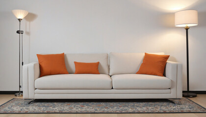 sofa with pillow rug and floor lamp isolated on transparent background