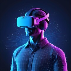 VR headset holographic low poly wireframe vector banner. Polygonal man wearing virtual reality glasses, helmet