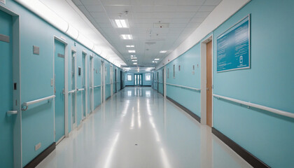 Modern hospital corridor with long exposure effect and blurred people in light blue and white tones