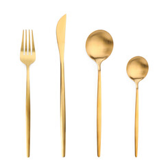 Golden fork, knife and spoons isolated on white, top view
