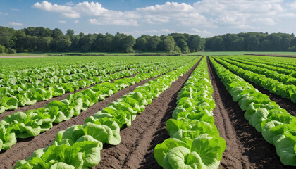 Fototapeta na wymiar Rows of green lettuce plants on a field farm from Generative AI