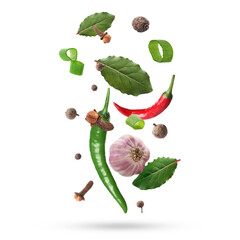 Different aromatic spices falling on white background