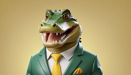 Stylish crocodile in a business suit on a yellow background