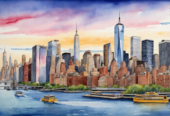 New York City's Famous Skyline Captured in Watercolors - obrazy, fototapety, plakaty