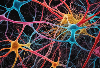 Vivid Brain Connections and Colorful Neuronal Network, Dynamic Digital Microscopic Artwork, Colorful DNA Background and Radiant Medical Wallpaper