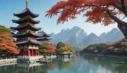 Beautiful autumn landscape with an old pagoda and lake in Asian style