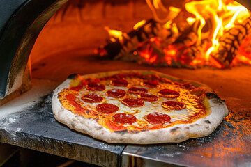 Wood-fired Pepperoni Pizza in Traditional Oven
