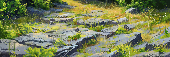 Naklejka premium a rocky field with a grassy field, generative AI