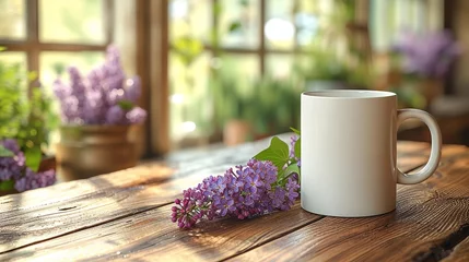 Keuken spatwand met foto A white coffee mug mock up on a wooden table with a lilac flower.  © Elle Arden 