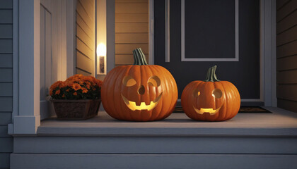 Two pumpkins sit on a porch with a lit candle in the background