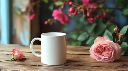 Fototapeta na wymiar A white coffee mug on a wooden table, mock up, with a pink rose. 