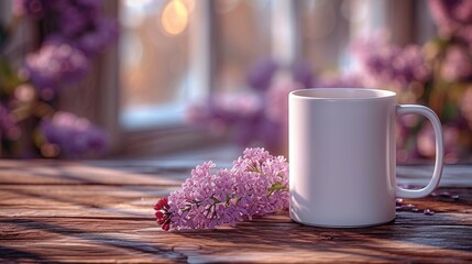 A white coffee mug mock up on a wooden table with a lilac flower. 