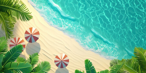 Top view 3D illustration sand beach with palm tree, Summer holiday vacation concept