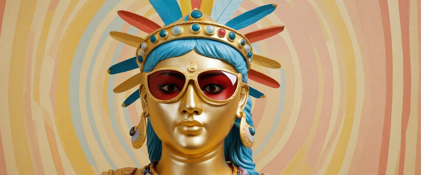 Golden head statue of an ancient Greek god Athena with colorful sunglasses on retro vintage party stripes background from Generative AI