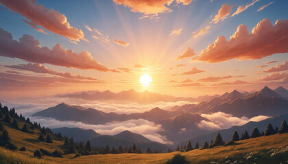 Sunset Serenity: Cloud-kissed Mountain Landscape