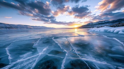 Ice layer with cracks at sunrise close-up. Illustration of frozen lake with cracks and fissures in incredible patterns.