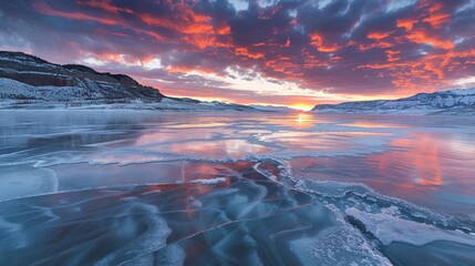 Fototapeta premium Ice layer with cracks at sunrise close-up. Illustration of frozen lake with cracks and fissures in incredible patterns.
