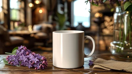 Keuken spatwand met foto A white coffee mug mock up on a wooden table with a lilac flower.  © Elle Arden 