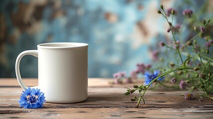 A white coffee mug mock up on a wooden table with a blue cornflower. 