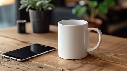 A white coffee mug mock up on a wooden table with a smart phone laying beside it. 