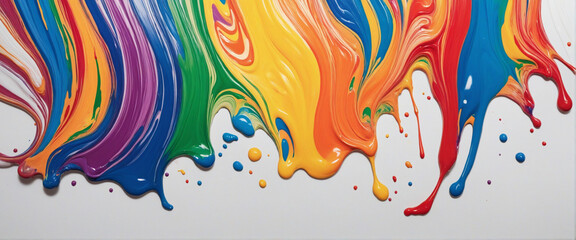 Vibrant acrylic paint cascades in rainbow hues on a blank canvas