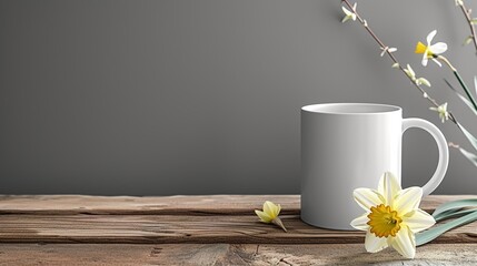 A white coffee mug mock up. The mug is on a wooden table with a daffodil. 