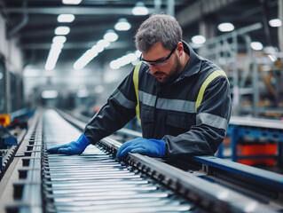 A dedicated male engineer in a factory ensures the efficient maintenance of a conveyor belt machine, donning a uniform and safety gloves.