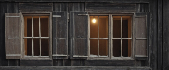 Antique wooden window frames with decayed wood and nighttime scene from computerized art.
