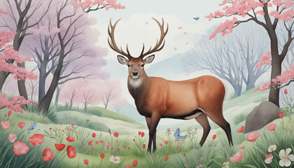 Springtime Forest, Blooming Trees and Flowers, Majestic Stag in Meadow with Flourishing Antlers