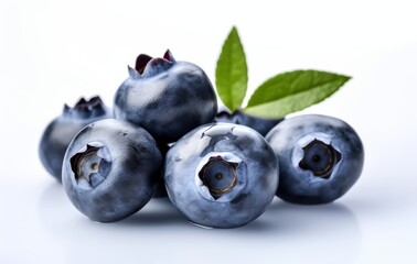 Blueberries with green leaves on white background. Full sharpness for each blueberry.