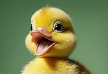 Excited yellow duckling on bright green backdrop