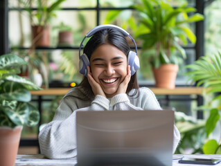 An Indian girl student happily learns online, wearing headphones, attending a webinar, communicating with her teacher via video call, and studying a language on an app. She enjoys the comfort of home